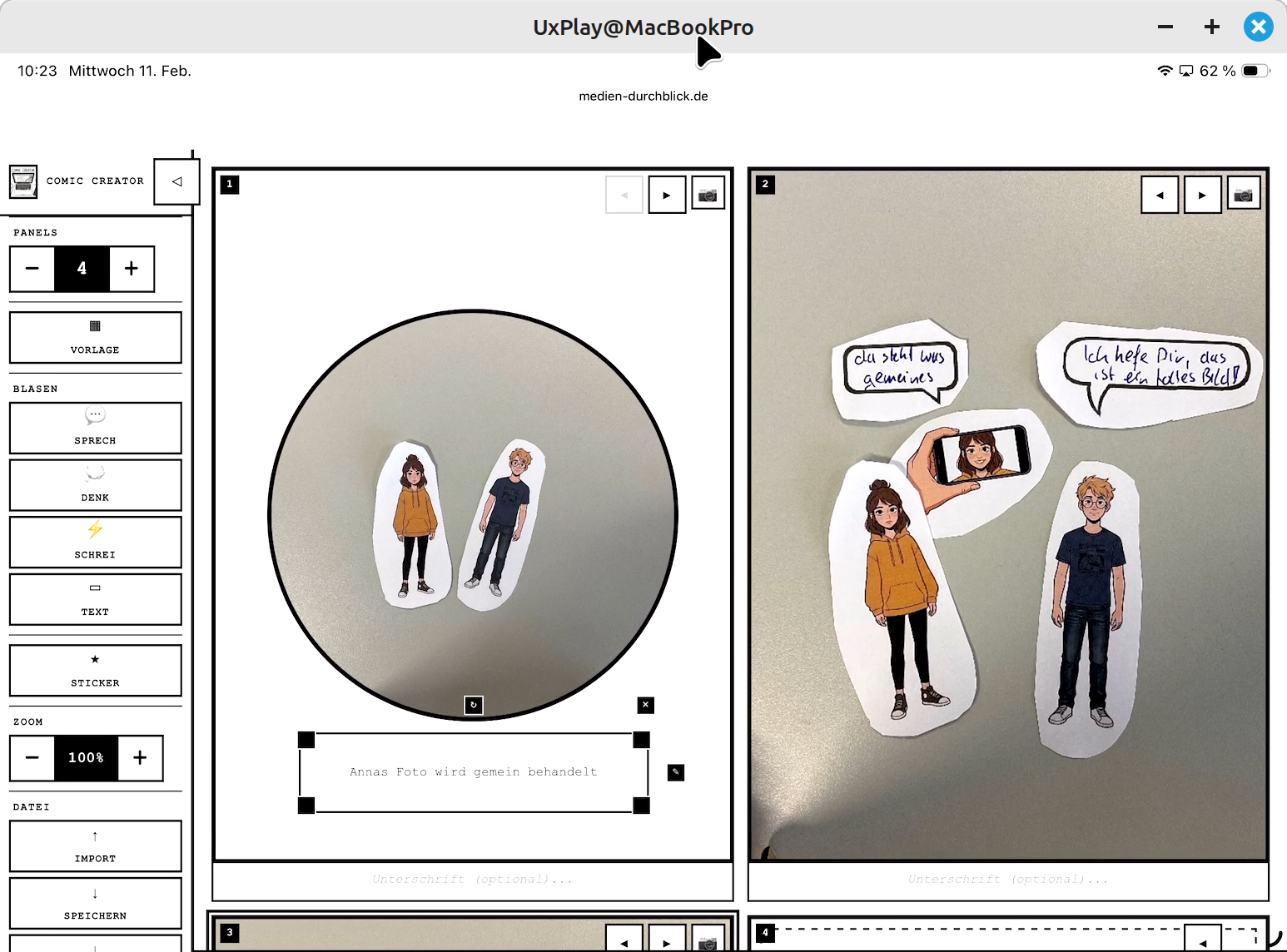 Comic Creator in Aktion auf einem iPad - zwei Panels mit Comic-Figuren und Sprechblasen