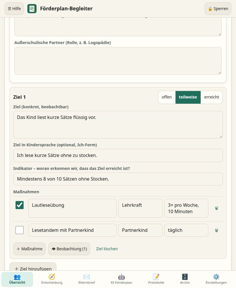 Förderplan mit Ziel, Indikator und abhakbaren Maßnahmen